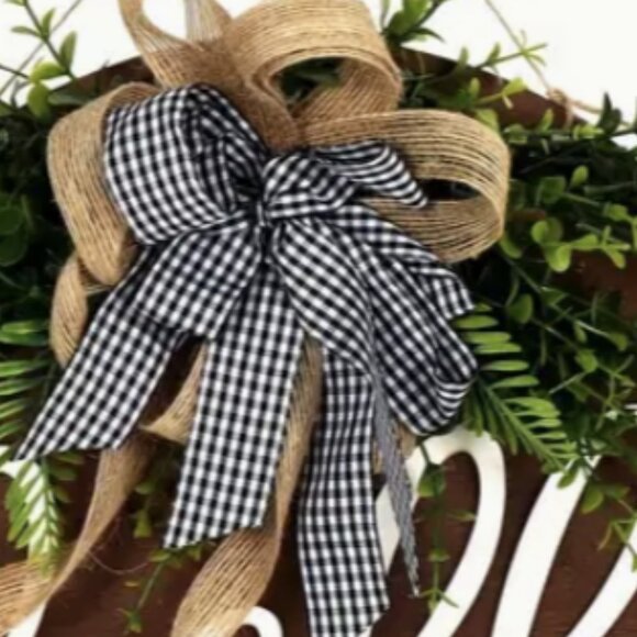 Hello Rustic Farmhouse Welcome Sign Buffalo Check Bow Wood Handmade Wreath Gift - Picture 4 of 7